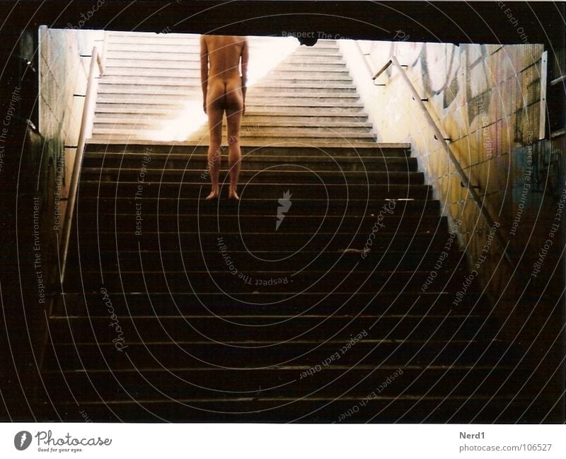landing Man Naked Upper body Nude photography Stairs Legs Human being Young man Rear view Back Naked flesh Bottom Headless Faceless Anonymous Unidentified