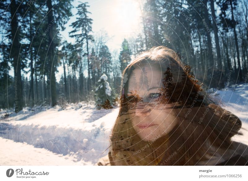 Winter walk portrait of a young woman Healthy Life Calm Meditation Trip Sun Snow Winter vacation Hiking Feminine Young woman Youth (Young adults) Woman Adults