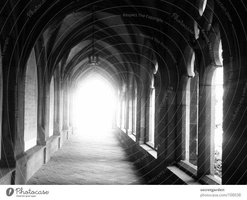 the light at the other end Christianity Old times Lantern Light Tunnel vision Way out Arcade Sunbeam Overexposure Withdraw Calm Room Deserted Culture Deities