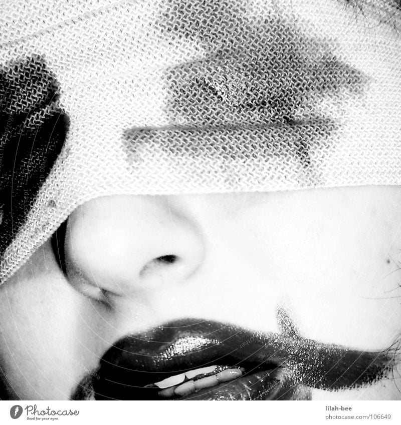 helpless Lips Lipstick Distress Blind Grief Blindfold Helpless Panic Fear Black & white photo Blood Pain Death binding Bandage Looking Needy