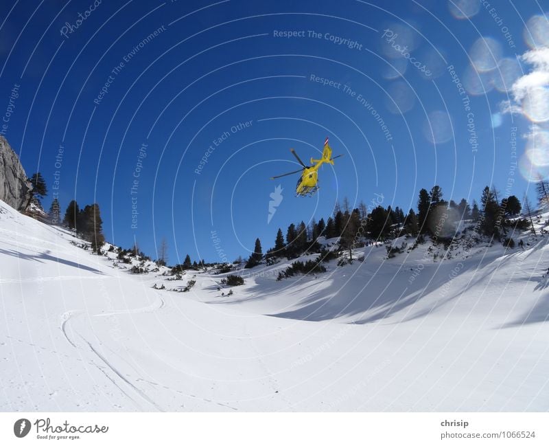 SHOOTING... yellow angel Landscape Sky Cloudless sky Winter Beautiful weather Snow Tree Alps Aviation Helicopter Rescue helicopter Running Flying Happy Blue