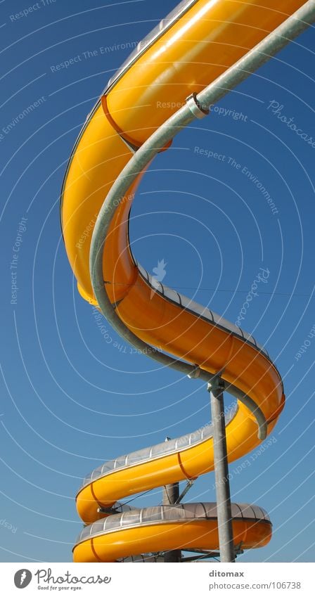 Winding orange water slide Sky Detail Playing Funsport Orange blue recreation fun Spa holiday geometry architecture