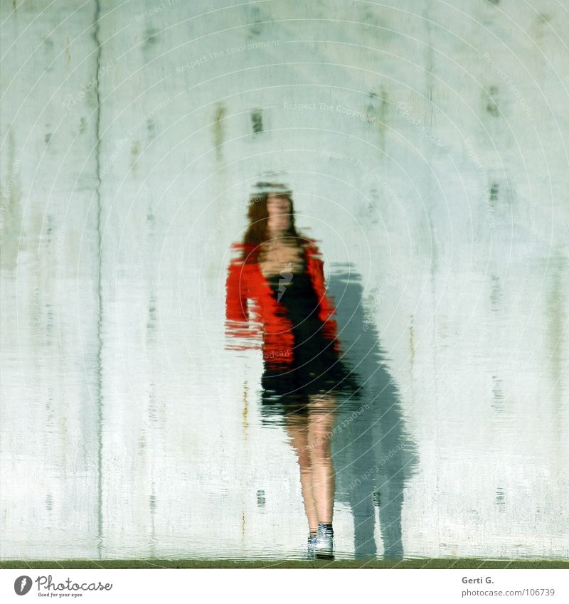 distorted Reflection Surface of water Distorted Woman Mini dress Black Little black dress Jacket Red Wall (barrier) Wall (building) Gray Dress Chucks Footwear