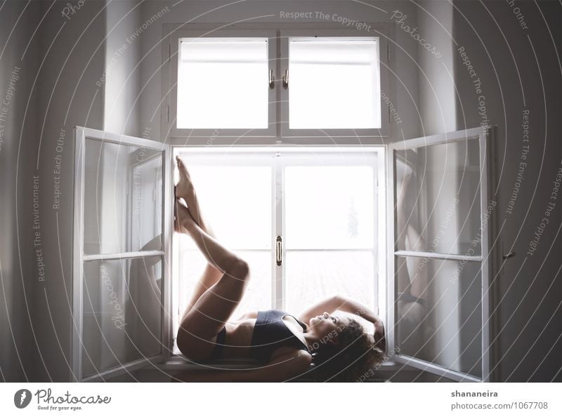 Steamy Windows Sports Fitness Sports Training Feminine Young woman Youth (Young adults) Esthetic Athletic Natural Mysterious Window pane Posture Colour photo