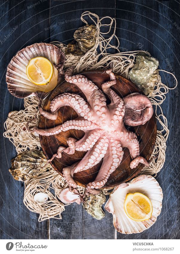 Octopus in wooden bowl on fishing net Food Seafood Fruit Nutrition Dinner Organic produce Vegetarian diet Diet Bowl Style Design Healthy Eating Life