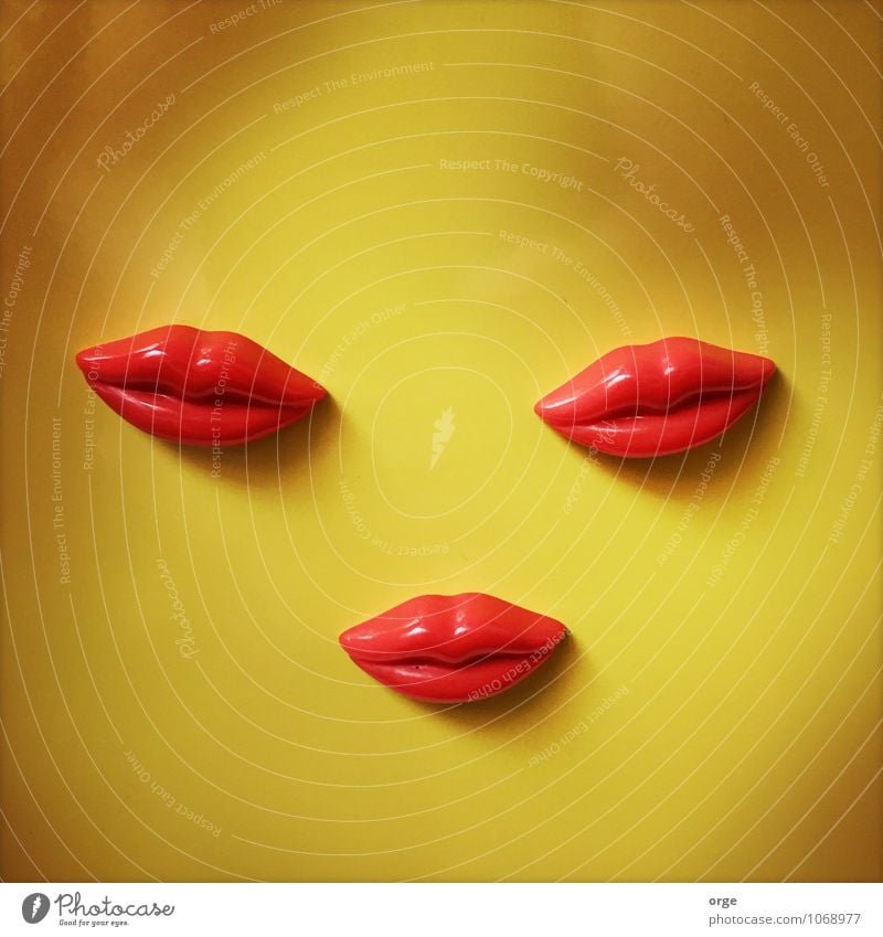 Kiss, Kiss, Kiss - Lips Lipstick Mouth Communicate Kissing Cool (slang) Eroticism Yellow Red Warm-heartedness Together Love kiss Corner of the mouth Pout