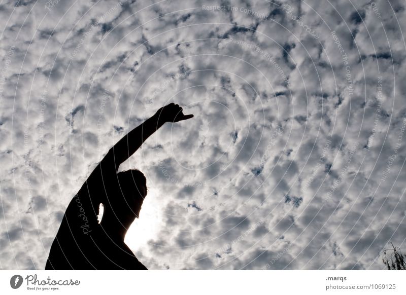 pointer Success Human being Young man Youth (Young adults) 1 Sky Clouds Emotions Enthusiasm Power Might Pride Indicate Joy Career Colour photo Exterior shot