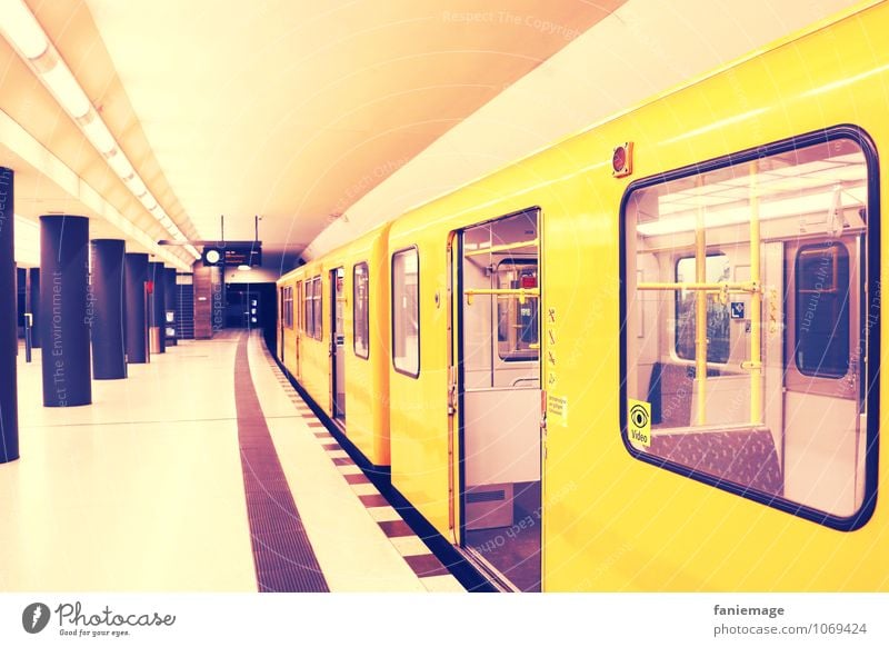 Berlin subway Capital city Downtown Tunnel Rail transport Train travel Underground Rail vehicle Platform Testing & Control Vanishing point Yellow Violet Colour