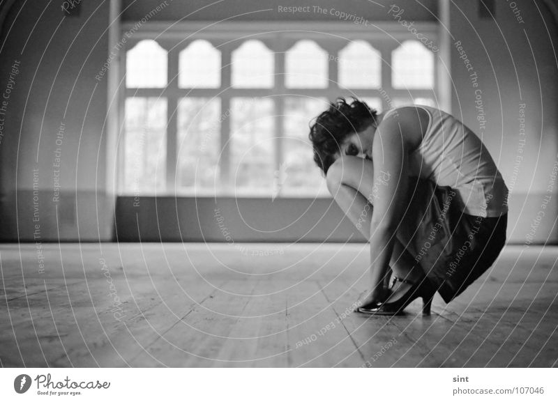 HIDING Monochrome Analog Dance floor Woman Hall Window Crouching Black & white photo Youth (Young adults) female Film industry Single alone lonely windows