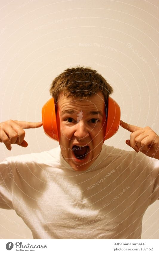 120 decibels Crash Loud Scream Earplugs White Man Construction site Sense of hearing Fingers Dangerous Pain Level Damage ear protection T-shirt Head Orange