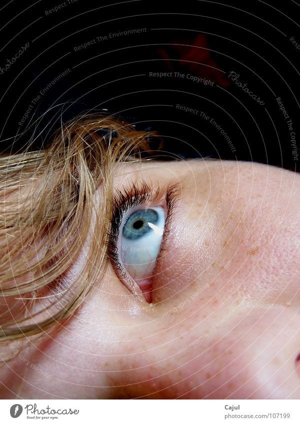 The look into nothingness? Eye colour Freckles Pupil Eyelash Nostril Strand of hair Dark Blonde Woman Room House (Residential Structure) Senses Listening Lips