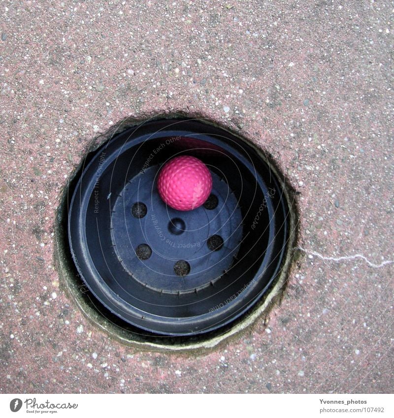 I scored! Mini golf Golf ball Playing Summer Leisure and hobbies Round Sporting event Success Lose Loser Strike Square Pink Patch of colour Lower Golf course