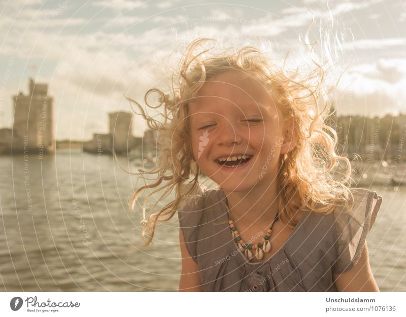 Happy forever Lifestyle City trip Summer Sunbathing Human being Child girl Infancy 3 - 8 years Wind La Rochelle Blonde Curl smile Laughter Happiness luck Gold