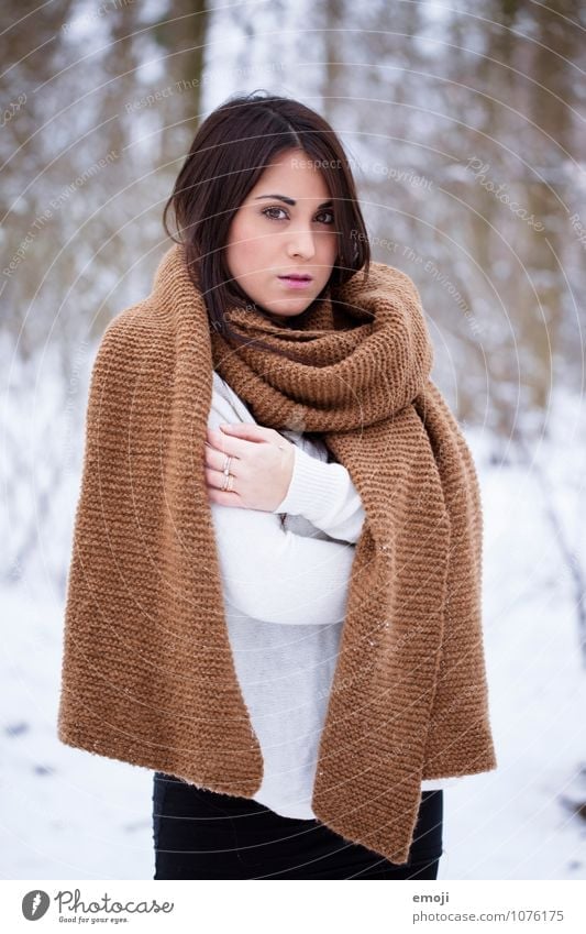 white Feminine Young woman Youth (Young adults) 1 Human being 18 - 30 years Adults Winter Snow Scarf Beautiful Cold Natural White Colour photo Exterior shot Day
