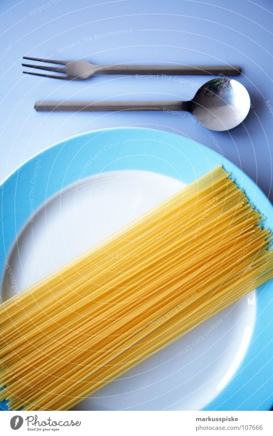 raw today Noodles Spaghetti Dough Rod Long Thin Cutlery Spoon Fork Plate Edge White Baby blue Yellow Round Nutrition Crockery