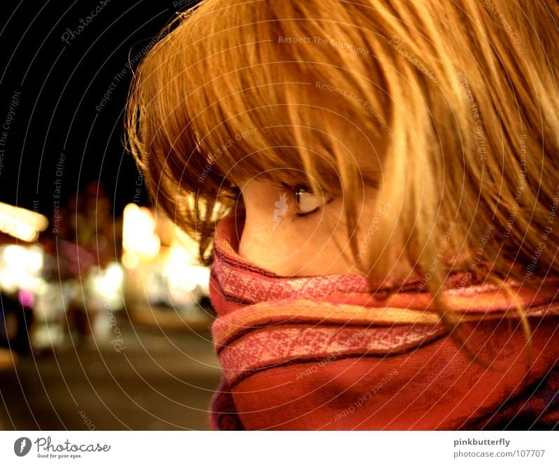 Secret Agent Miauuu Woman Portrait photograph Red-haired Scarf Longing Pink Yellow Cold Freeze Beautiful Friendliness Snack bar Packaged Concealed Mysterious