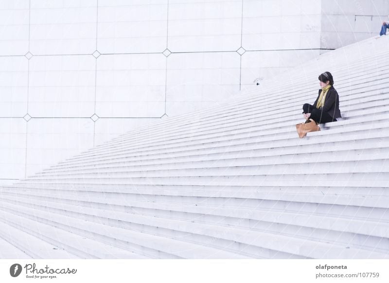 large white stairs, with (m)a woman White Woman Square La Défense Paris France La Grande Arche Large Modern Stairs Bright Tall Lamp Calm Contrasts