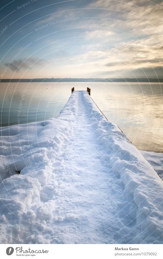 Bridge in the snow Relaxation Vacation & Travel Winter Nature Water Sky Lakeside Peace Starnberg Germany Europe tutzing Footbridge Footpath Calm Colour photo