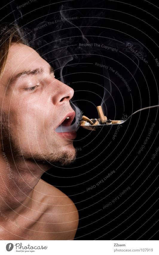 human ashtray Human being Ashtray Man Portrait photograph Spoon Smoking Dangerous Compulsion Shoulder Upper body Brown Feeding Hot Smoke Cigarette
