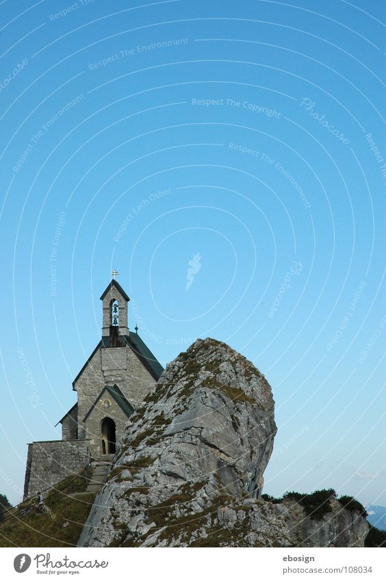 rock church Religion and faith Sky Blue Stone Rock Mountain Bavaria Evening Sunset Trip Prayer Cable car Hiking Mountaineering Vantage point Far-off places
