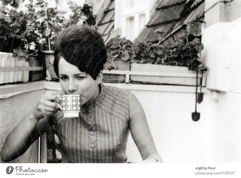 ain't my cup of tea Drinking Breakfast Balcony Sixties Black White Retro Hair and hairstyles Brunette Black & white photo Coffee Tea Nutrition