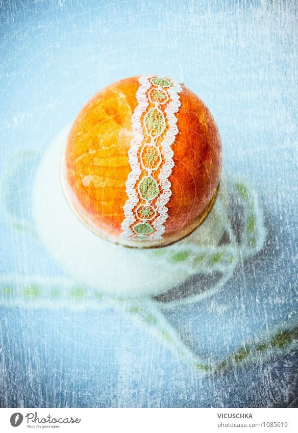 Orange Easter egg with ribbon Style Design Life House (Residential Structure) Interior design Decoration Table Feasts & Celebrations Sign Retro Blue Yellow