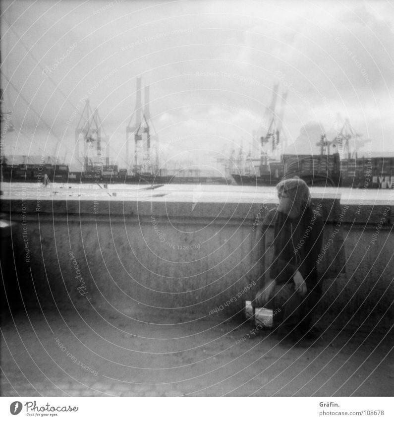 Waiting II Release Beach Medium format Boots Woman Girl Bag Crane Waves Tide Low tide Surf Expulsion Longing Hand Blur Wall (barrier) 2 Double exposure Harbour