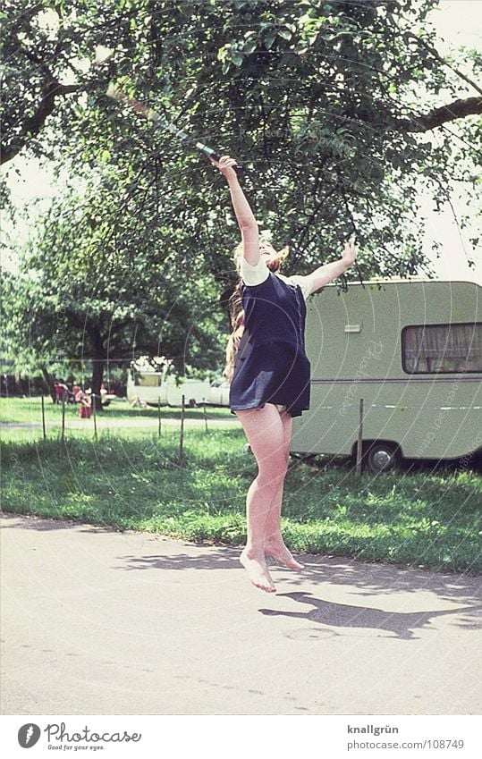 Withdrawn Badminton Vacation & Travel Camping Girl Child Jump Tree Caravan Summer Seventies Joy Playing Sun Movement Athletic