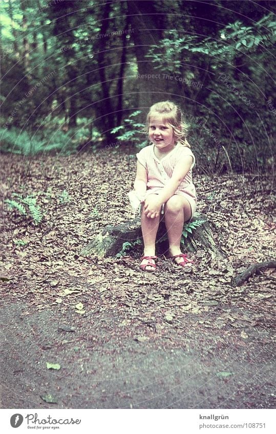 How cute! Child Girl Forest Tree Summer Sixties Leaf Joy Sit Laughter