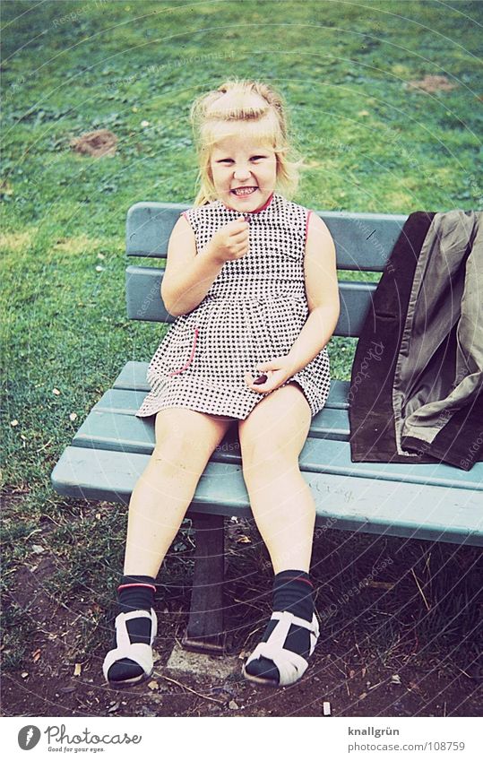 Be happy Child Girl Summer Meadow Sixties Jacket Green Joy Lawn Bench Happy