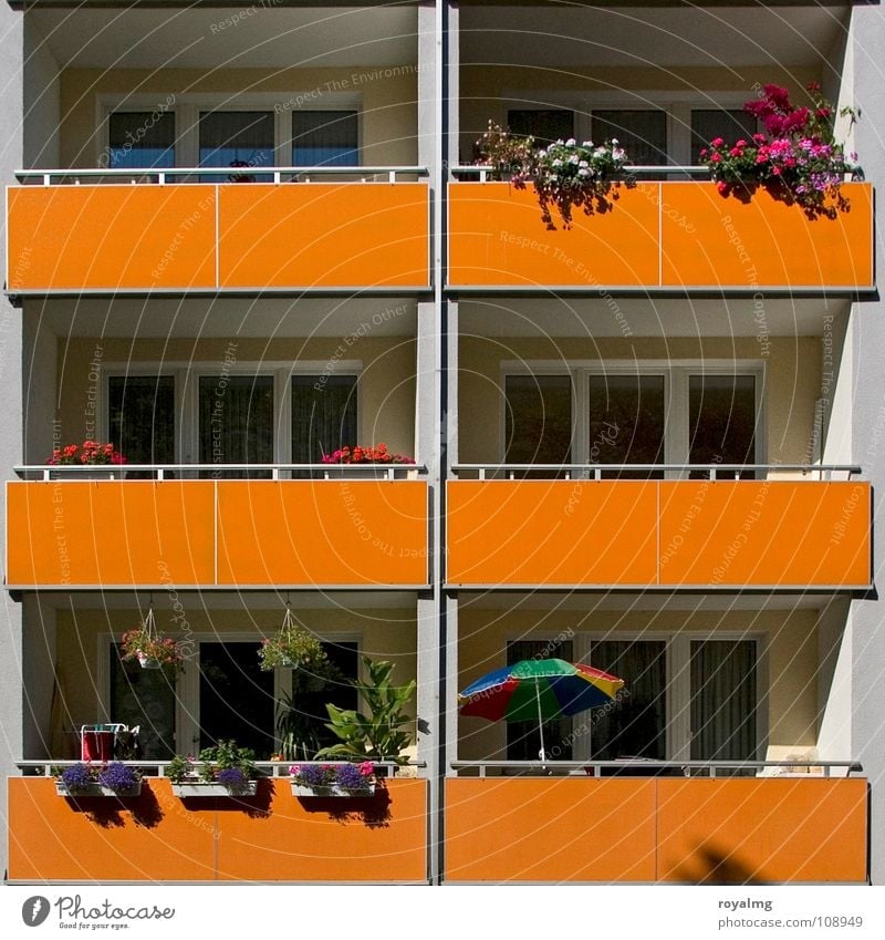 Summer [07] in front of balcony Balcony Sunshade Flower Window box Prefab construction Physics Petit bourgeois Detail Germany balconies Blossoming Warmth