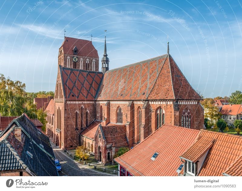 Güstrower Cathedral Clock Town Downtown Old town Dome Window Roof Brick Religion and faith Culture Brick Gothic Gothic period Church service Church spire