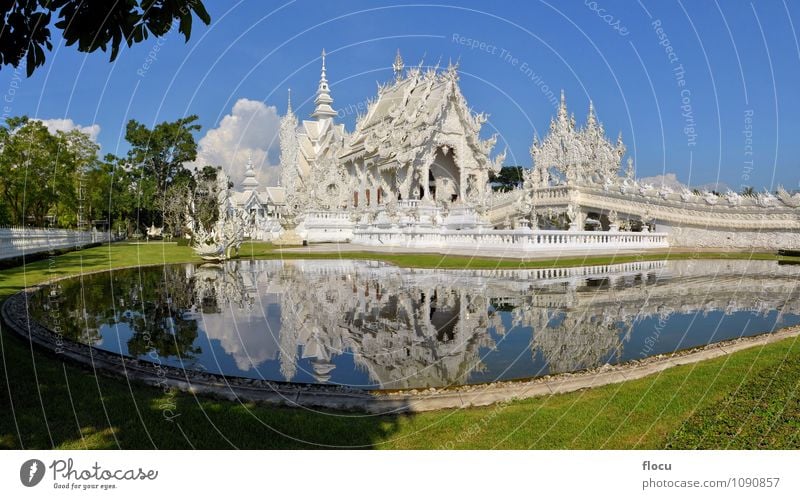 Beautiful ornate white Thai temple reflecting in water Luxury Vacation & Travel Trip Decoration Art Nature Sky Tree Church Palace Places Building Architecture