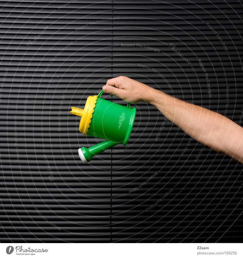 Water me! Cast Watering can Jug Roller blind Venetian blinds Black Progress Man Hand Green Yellow Toys Multicoloured Gray Things Arm Human being To hold on
