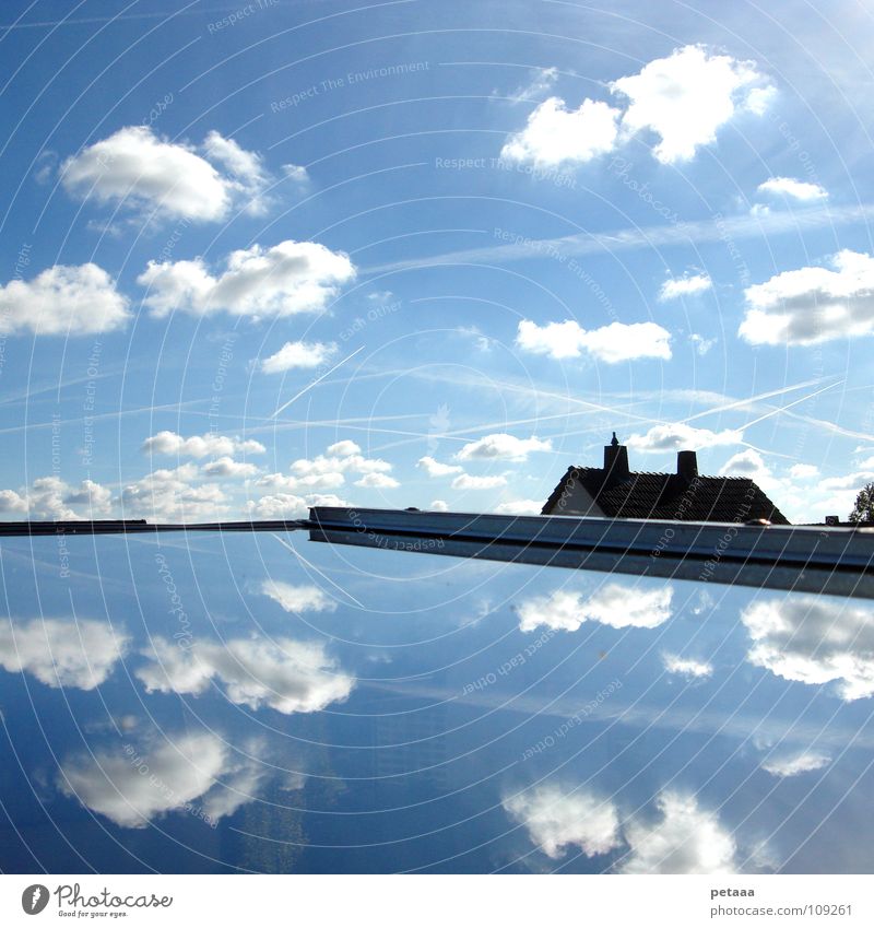 havoc Clouds House (Residential Structure) Roof Window Reflection Mirror Tree Chaos Muddled Stripe Airplane Sky Blue strip condensation Chimney Tilt