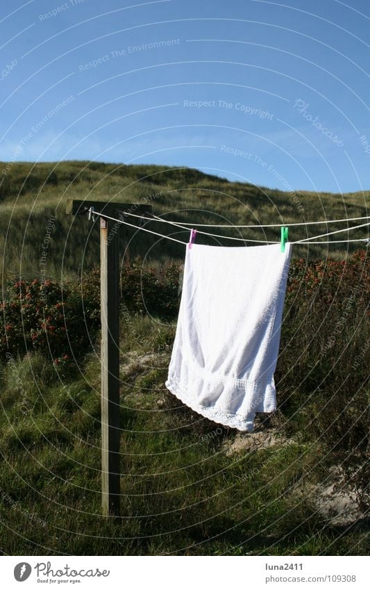 back home... Clothesline Towel Terry cloth White Wood String Holder Clothes peg Laundry Grass Green Dry Bathroom Pole Rope Sky Blue Beach dune Blow Wind