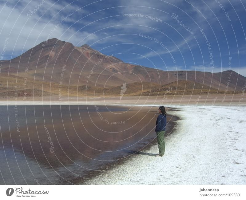 silent Reflection Lake Salt  lake Woman Calm Loneliness Mountain Volcano Blue sky