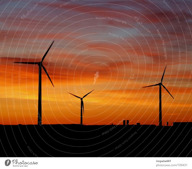 lee Wind energy plant Sunset Black Red Horizon Twilight Electricity Renewable energy Rotate Environment Environmental protection Industry Power Force Sky Dusk