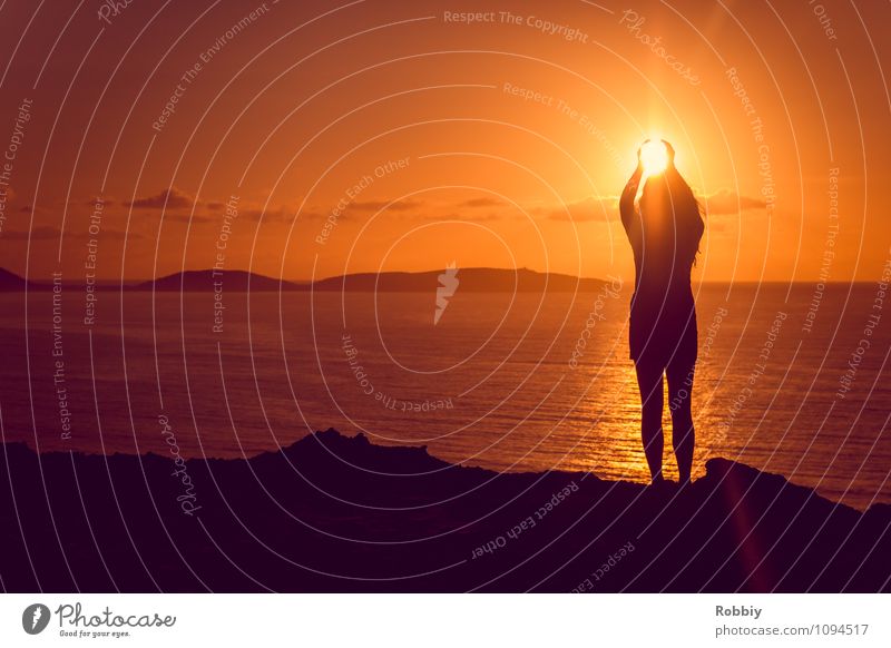 Replace bulb Human being Woman Adults 1 Sun Sunrise Sunset Sunlight Coast Beach Ocean Pacific Ocean Australia To hold on Infinity Orange Moody Optimism Brave