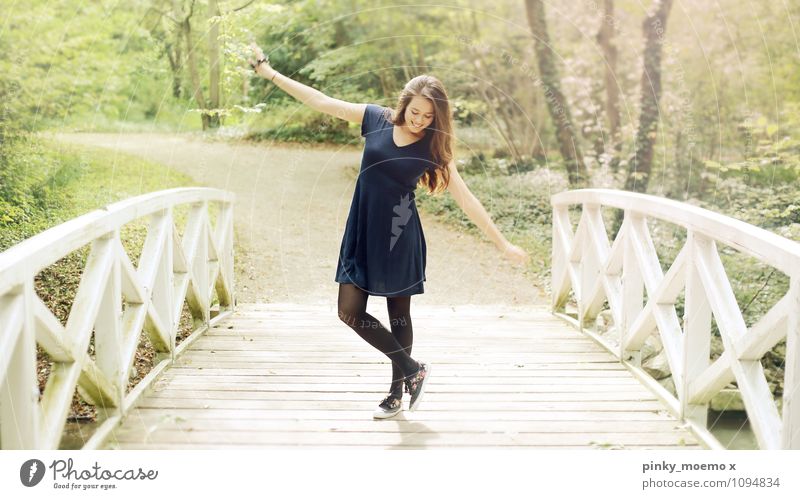 Dance on the bridge Trip Adventure Freedom Feminine Young woman Youth (Young adults) Woman Adults Body 1 Human being 18 - 30 years Nature Landscape Plant Dress