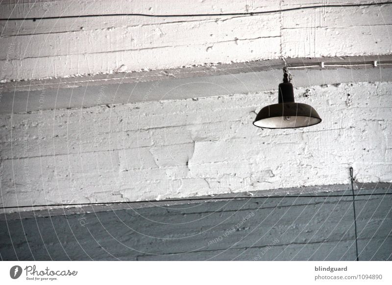 Photograph [Off] Redecorate Lamp Room Industry Factory Wall (barrier) Wall (building) Stone Steel Old Gray Black White Boredom Gloomy Weathered Archaic Broken