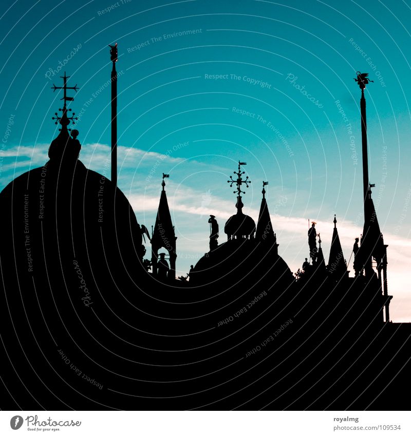 turrets Black Sunrise Manmade structures St. Marks Square Places Dark Silhouette Flagpole Venice Italy Tower Roof Morning Peace Calm Basilica San Marco Historic