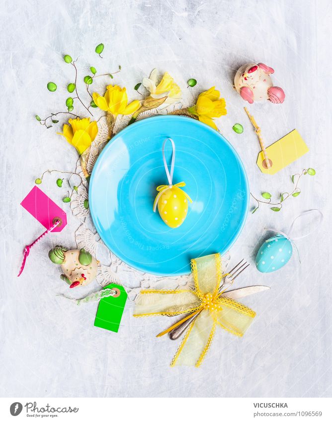 Easter decoration with eggs and flowers Plate Cutlery Knives Fork Style Design Joy House (Residential Structure) Interior design Decoration Table