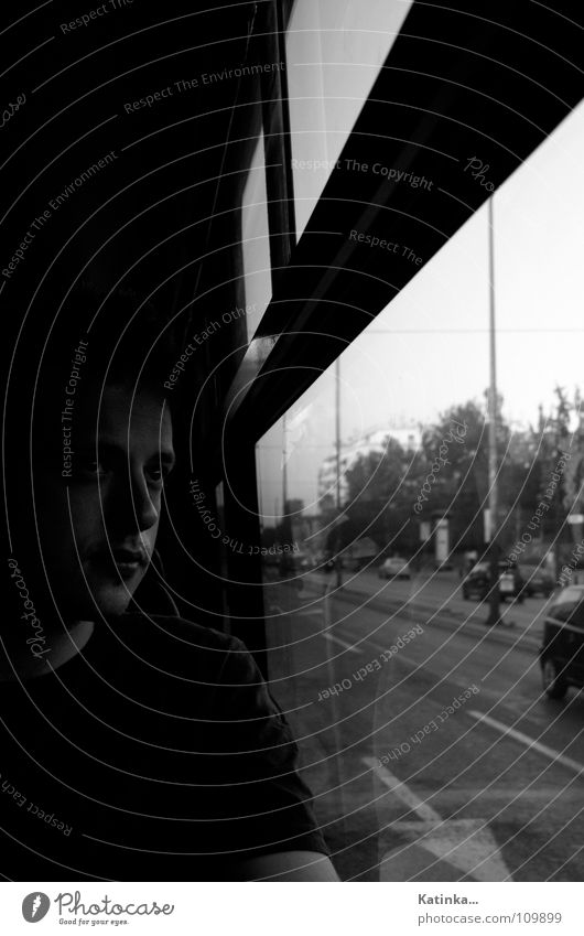 wanderlust Portrait photograph Man Driving Dark Loneliness Thought Emotions Black & white photo Bus Face Human being Street Shadow Sadness Car Window 1 Person