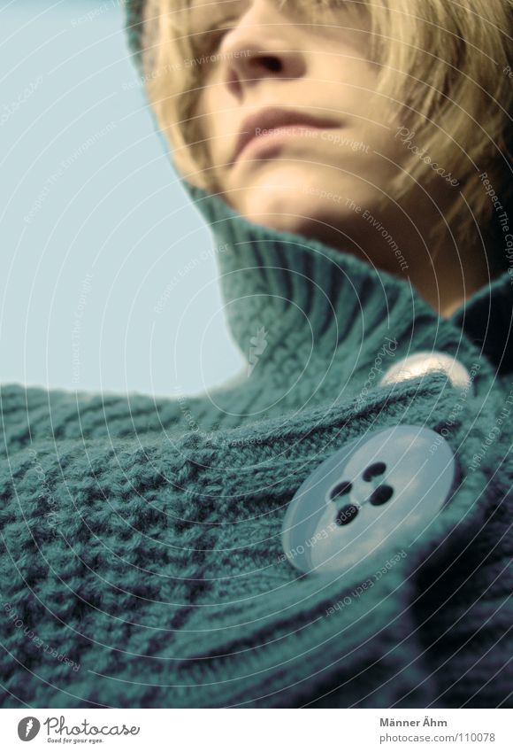 Rope chic. Buttons Sweater Wool Turquoise Clothing Winter Autumn Hooded (clothing) Woman Retro Chic Blonde Green Freeze Far-off places Head Hair and hairstyles