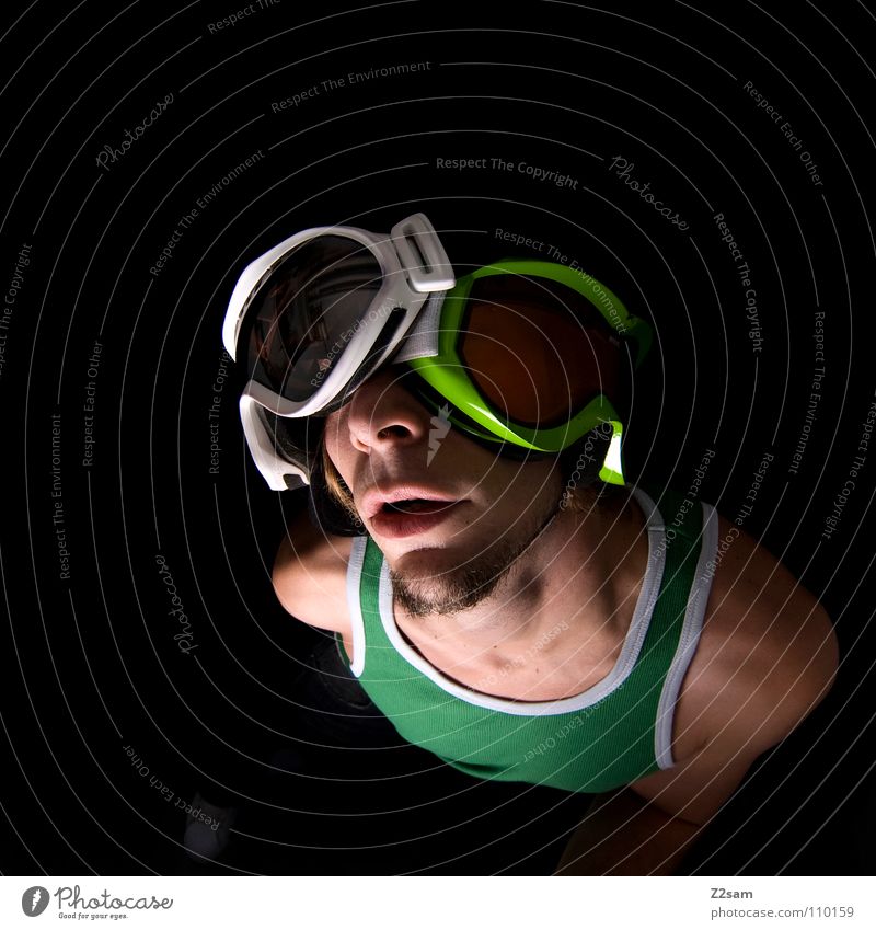 double holds better 2 Skiing goggles Green Bright green White Reflection Sports top Snowboarder Sleeveless t-shirt Man Masculine Portrait photograph