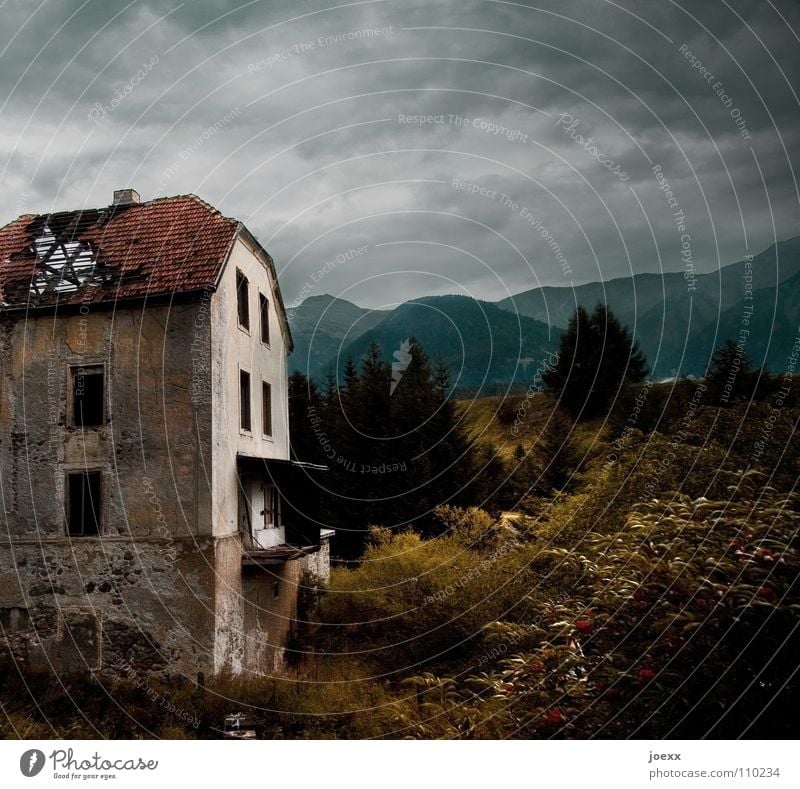 Lonely empty dilapidated house with forest and mountains Fear Insolvency Bad weather Clouds Dark Loneliness Window Ghosts & Spectres Haunted house Witching hour