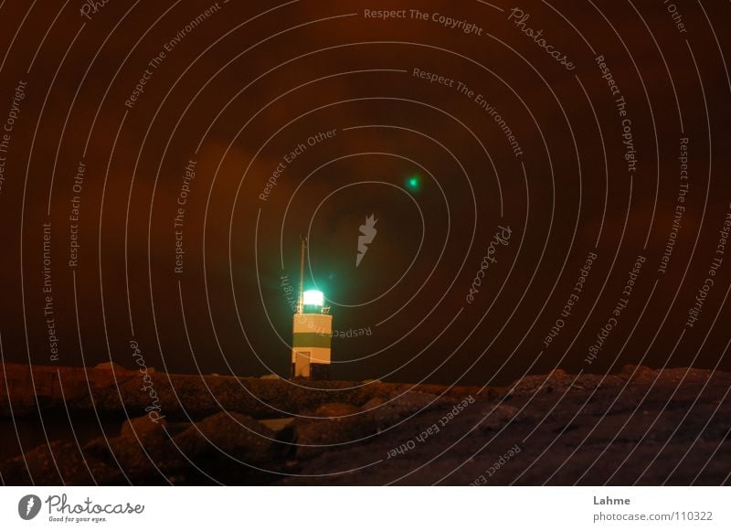 starboard beacon harbour entrance IJmuiden Lighthouse Beacon Mole Navigation Watercraft Sailing Night Clouds Brown Ocean North Sea Harbour Sky Reflection Stone