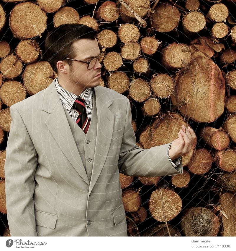 nice and dry Man Fellow Suit Jacket Vest Gray Brown Pants Tie Striped Hand Bright Theft Purloin Tight-fisted Fantastic Eyeglasses Stack of wood Wood Firewood