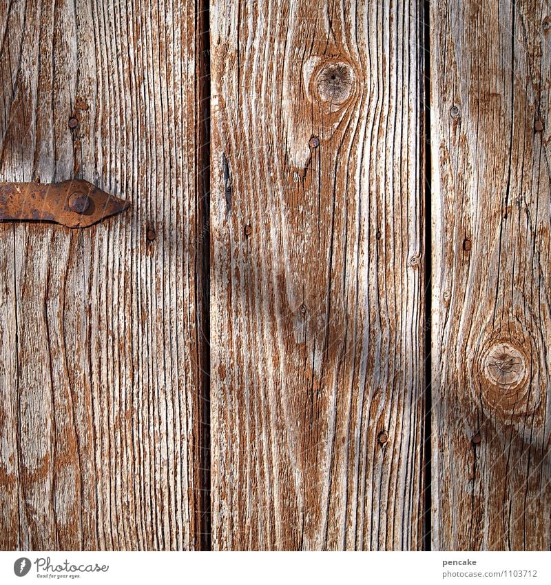 board stories Door Sign Esthetic Authentic Near Dry Wooden wall Derelict Wood grain Rust door frame Iron Brown Washed out Colour photo Subdued colour